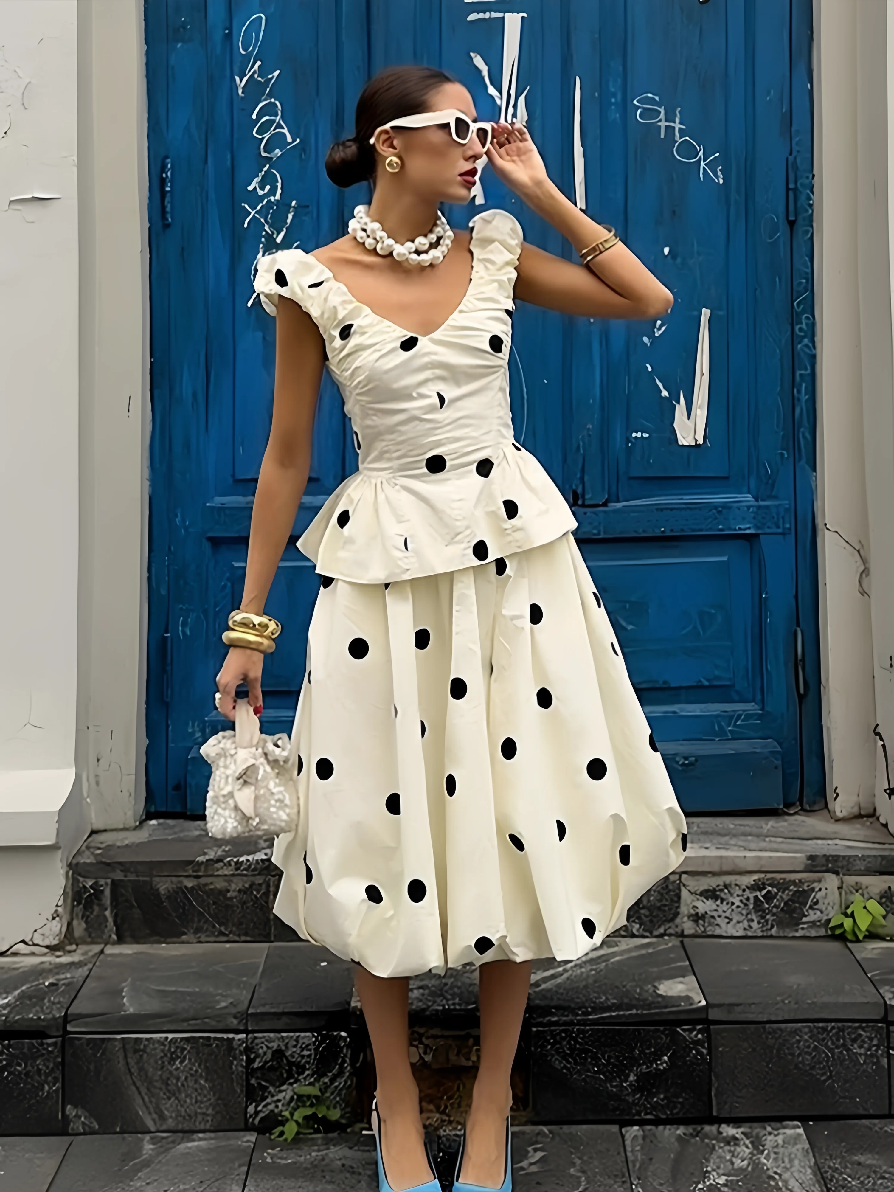 

Romantic Floral Print Halter Neck Top And A-Line Skirt Two-Piece Set Women's Summer Fashion Ensemble Waist-Cinching Midi Skirt
