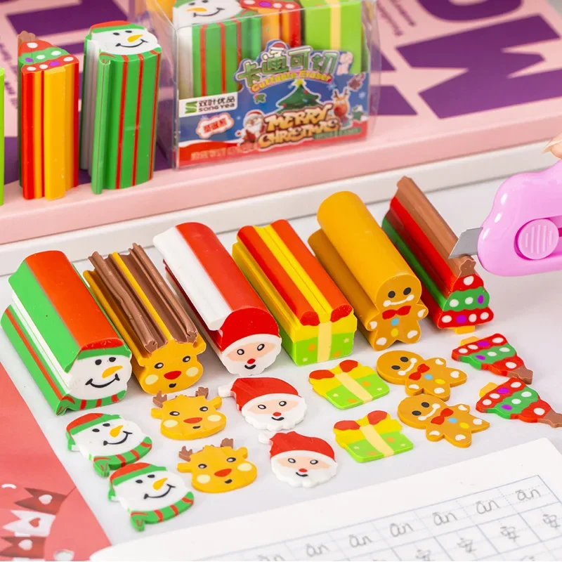 6Pcs/Set Kawaii Christmas Elk Santa Cuttable Erasers for Kids Cartoon Cutting Pencil Rubber Share Set Student School Stationery