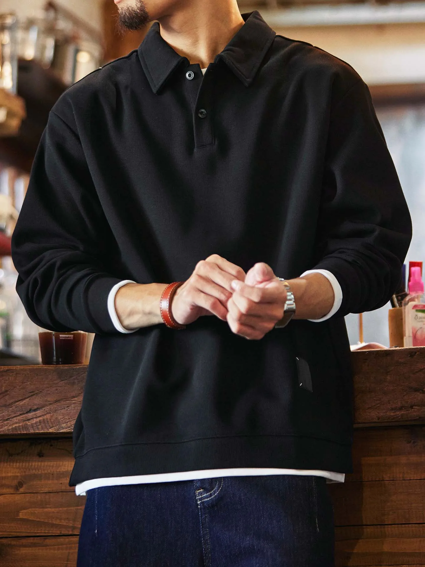 Loose Fit American Style  Neck Long Sleeve Sweatshirt Men's Casual Commute Top Trendy Black Cotton Polyester Blend Sweats...