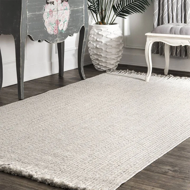 Nordic Light Luxury Living Room Carpet Hand Woven Tassel Rug Home Decor Solid Color Modern Carpet Bedroom Soft Fiber Floor Mat