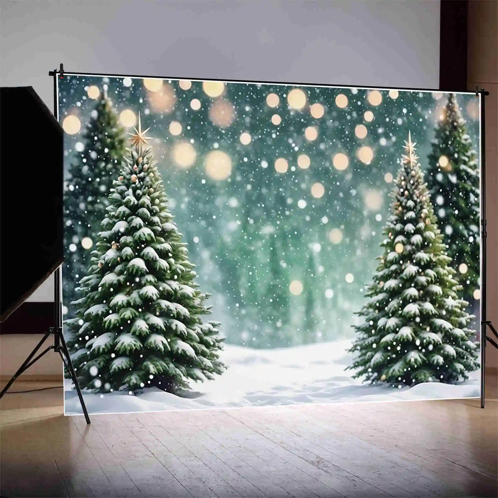 MOON.QG Snow Winter Green Backdrops Christmas Children Outdoor Pine Trees Field Backgrounds Custom Party Decor Photo Shoot Props