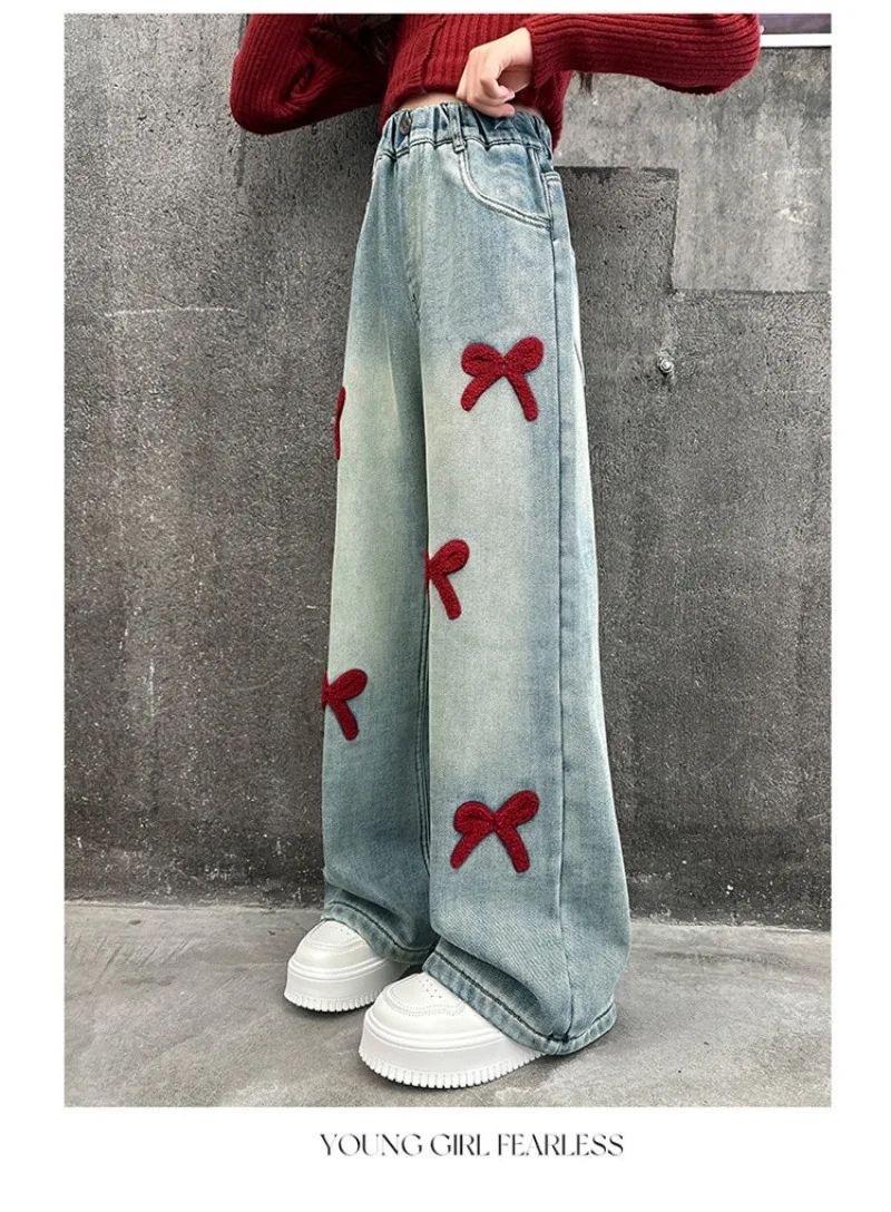 Winter-Jeans aus Lammfell für Mädchen, 4-14 Jahre, Teenager-Mädchen, Jeanshose mit integrierter Schleife und Fleece, lockere Herbst-Jeanshose für junge Mädchen – Detail 10
