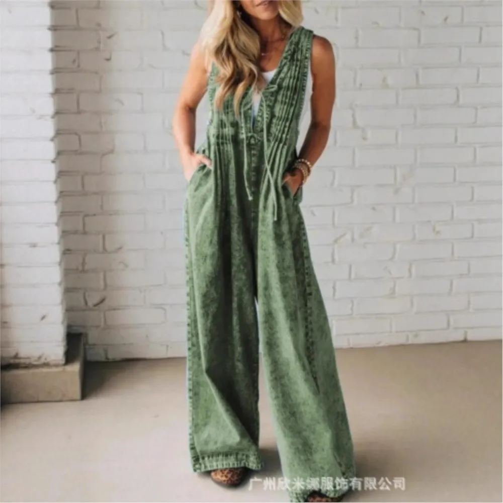 

Fashion Washed Denim Sleeveless Women's Jumpsuit Summer New Casual Loose Unique Sexy Backless Denim Jumpsuit Female 2025