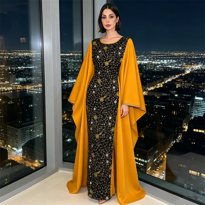 

Muslim Women Batwing Sleeve Maxi Dress Dubai Abaya Turkey Kaftan Eid Djellaba Islam Jalabiya Caftan Marocain Femme Robe Sequin