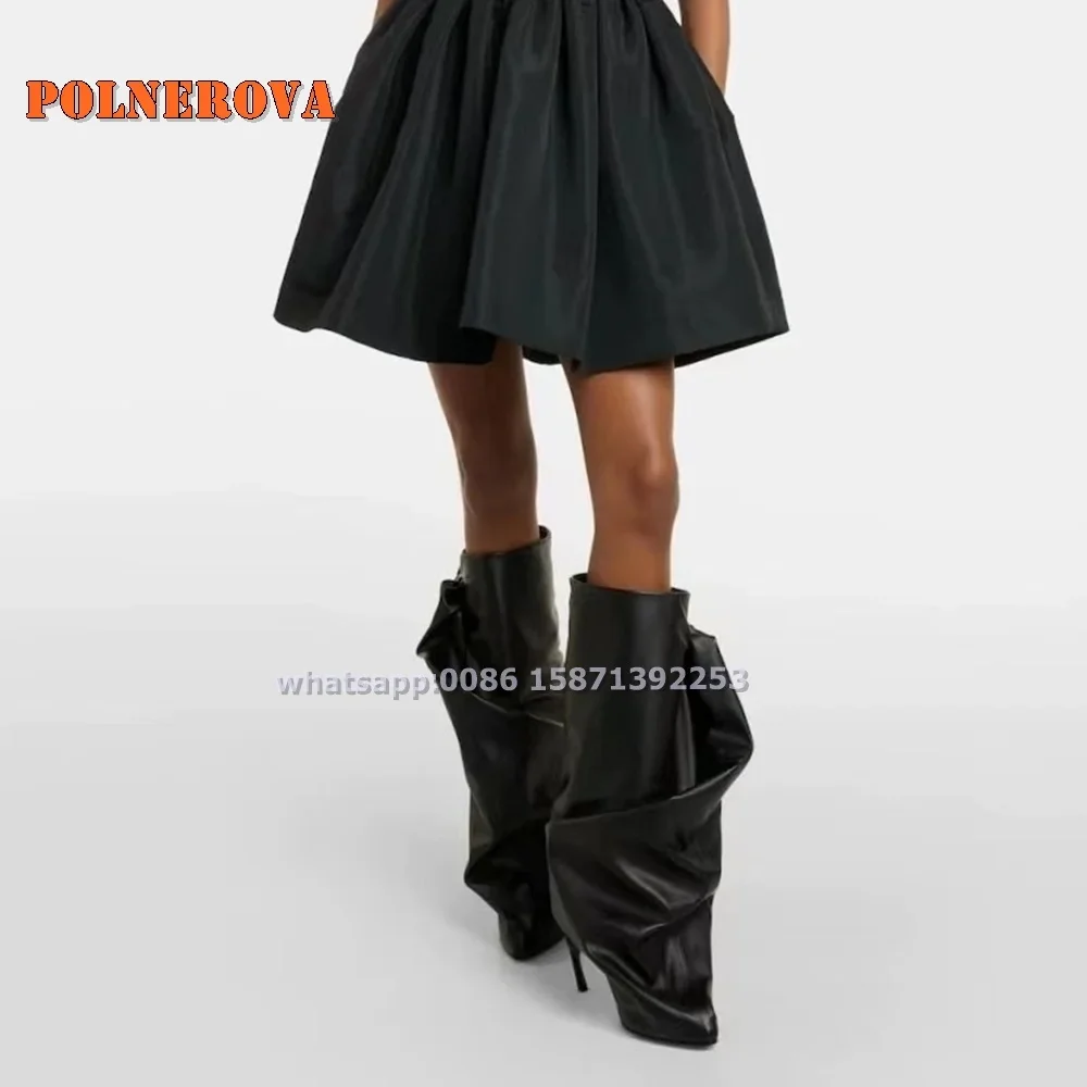 

Черные плиссированные брючные сапоги с бантом и острым носком в странном стиле, пикантные пикантные туфли для подиума для девочек, сапоги до колена, тренд 2024, тренд