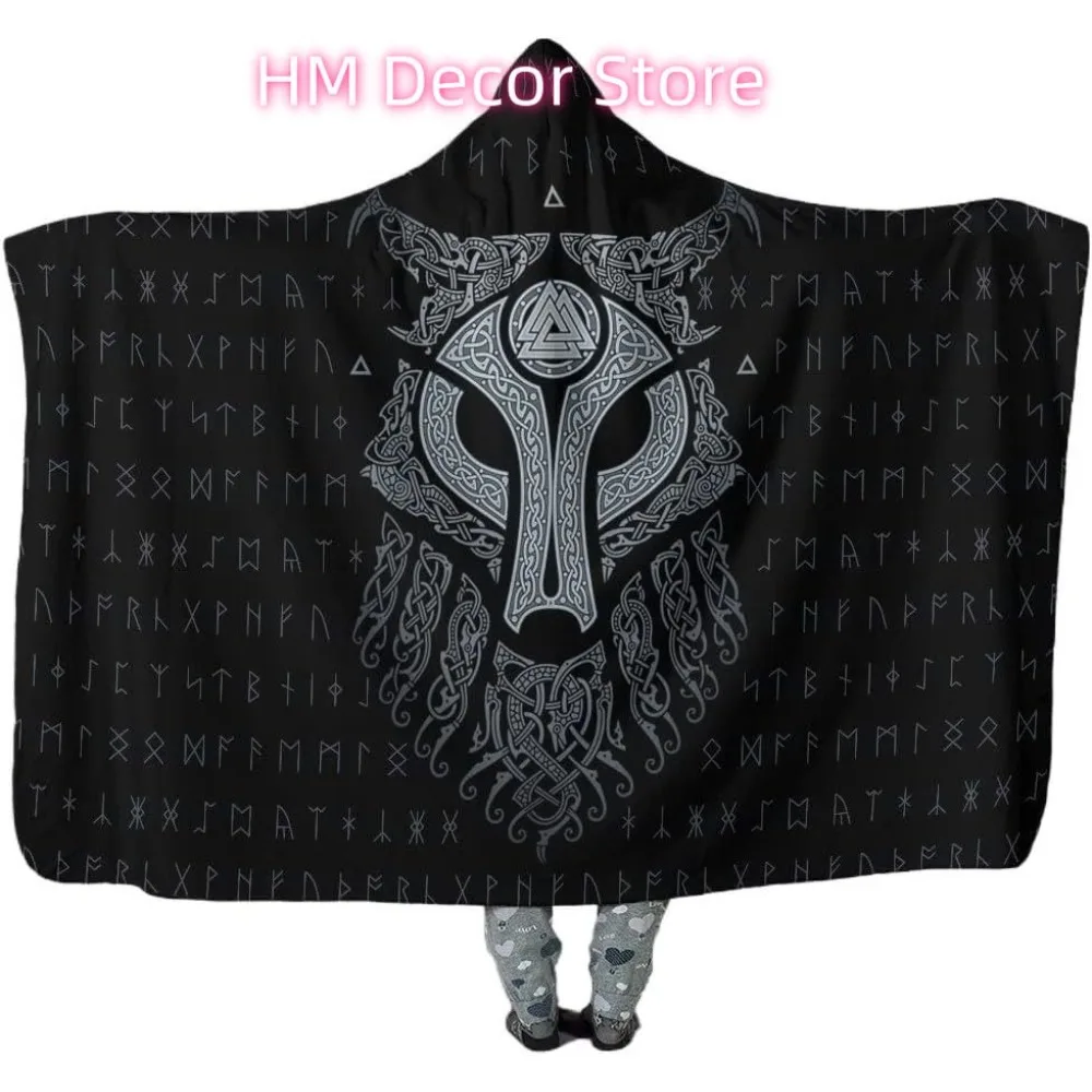 Viking Wolf Hooded Blanket Cloak Norse Runes and Fenrir Wolf Pattern Wearable Blanket Warm Throw Blanket Cape 3D Print Wrap Blan