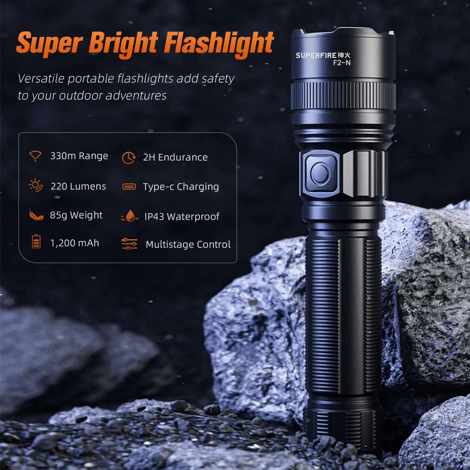 SUPERFIRE F2-N High Power LED Flashlights Zoom Flashlight USB Rechargeable Torch Camping Fishing Outdoor Waterproof Light