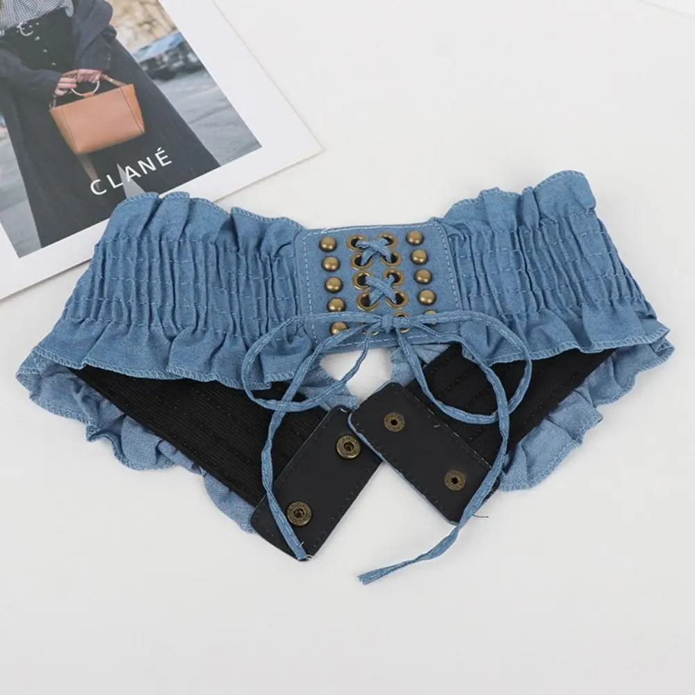 Cintura elastica in tessuto di lusso in denim con fascia elastica in pizzo a vita alta con cintura femminile, abito con cintura larga