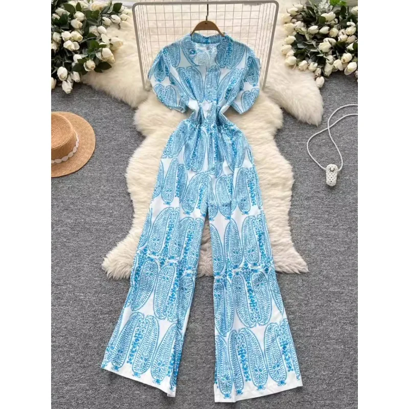 

Retro Style Travel and Vacation Jumpsuit for Women in Summer 2025 Waist Cinched Single Breasted Short Sleeved Printed Jumpsuit