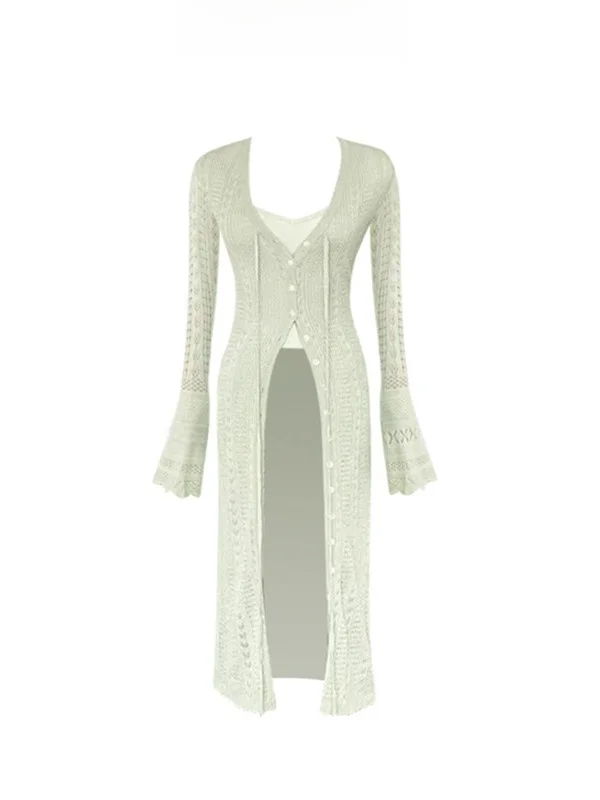 

Ele Long Knitted Open Cardigan with Bell Sves Lazy Sle High Waist Spring Faion for plus Size Women V-Ne UV Prote...