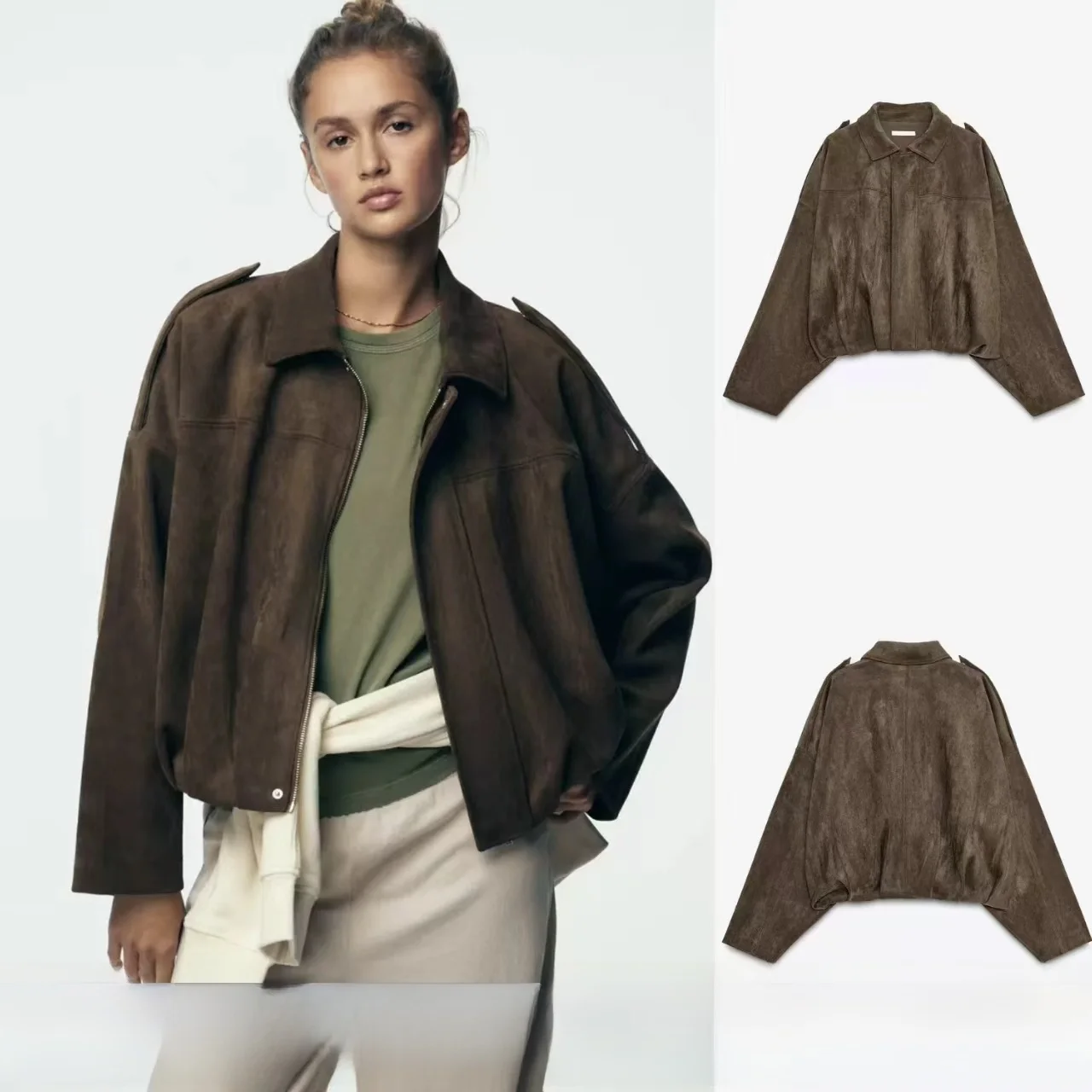 

Spring 2026 Women's Short Loose Suede Effect Pilot Jacket New Arrival Casual Style Long Sleeve Zipper Closure Fashion Outerwear