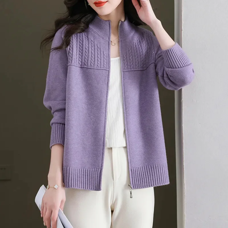 2024 New Spring Autumn Jacket Women Knitted Sweater Cardigan Coat New Solid Stand Collar Zipper Sweater Female Casual Knit Tops