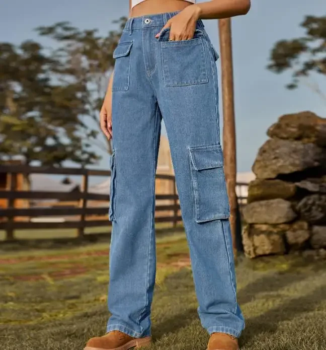 Women's Fashion Denim Pants Personalized Street Retro New Washed Semi Elastic Multi Pocket Denim Workwear Casual Jeans for Women