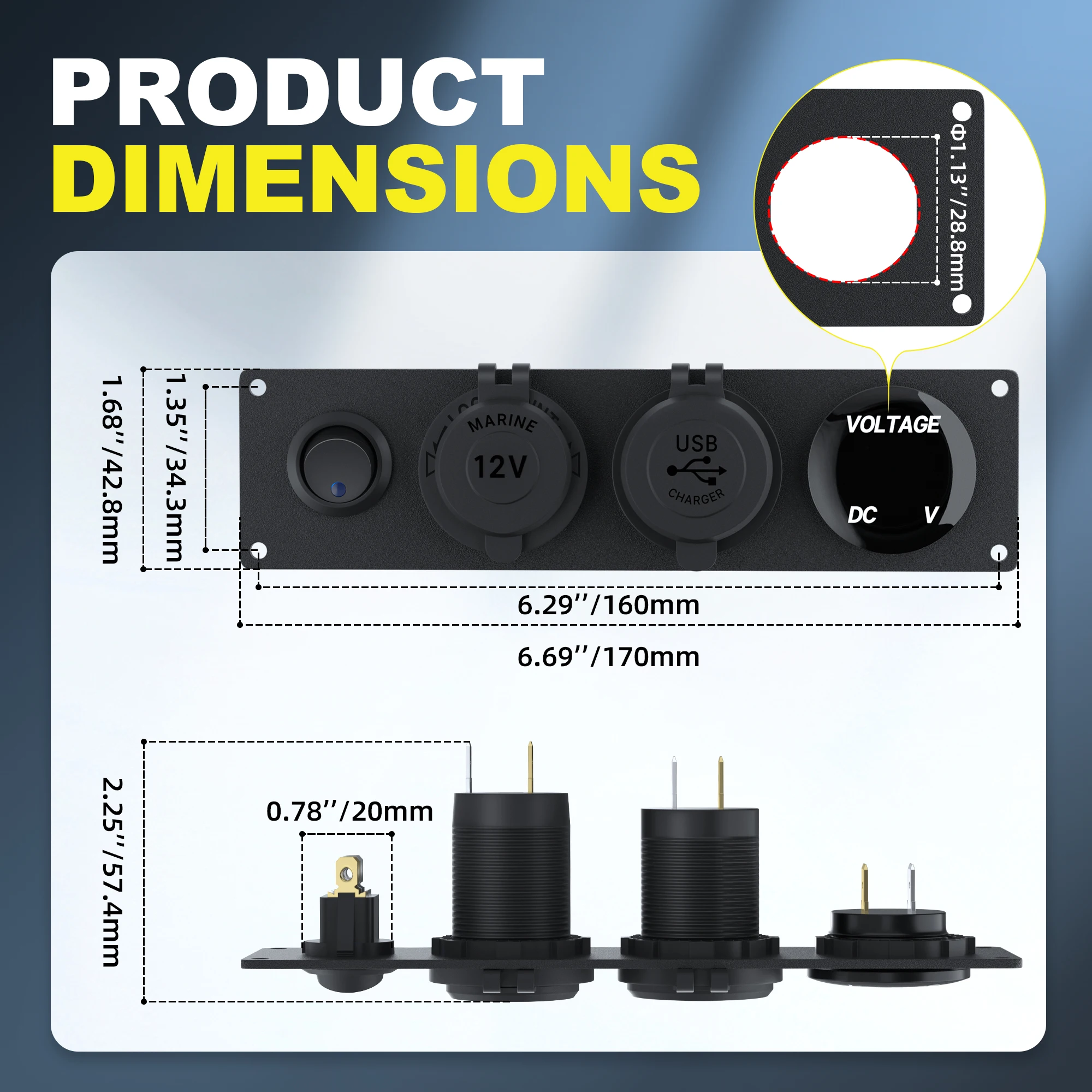 DaierTek Charger Socket Panel Dual USB Socket Power Outlet & LED Voltmeter & LED Switch With ON OFF 4 in 1 Rocker Switch