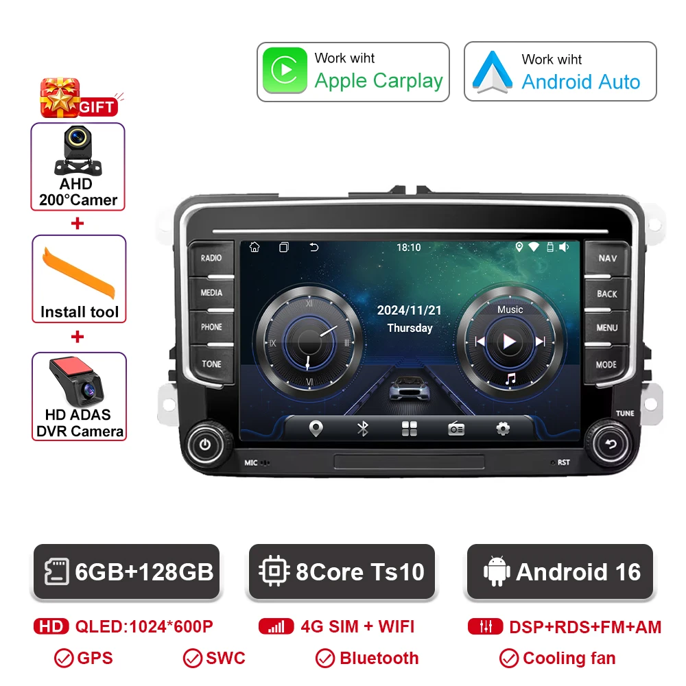 Auto radio voor VW Skoda Golf Touran Passat B6 B7 Polo Android Auto Multimedia Videospeler GPS Carplay BT QLED Scherm Stereo WIFI