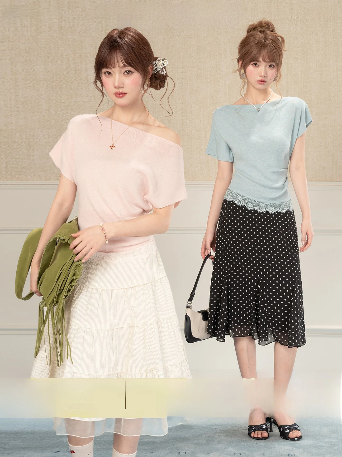 

Sweet Girl Style Lace Hem Knitted Top Women's Slim Fit Shoulder Bared Summer New Style Loveheynew Commute Style Polyester Blend