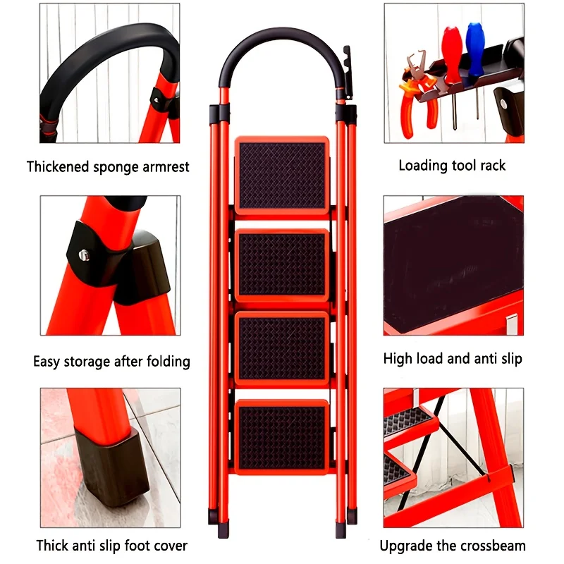 Sturdy Foldable Step Ladder with Tool Holder, Non-Slip Pedals & Floor-Friendly Mats - Multi-Size Home Use for Cleaning, Decorating & DIY Projects