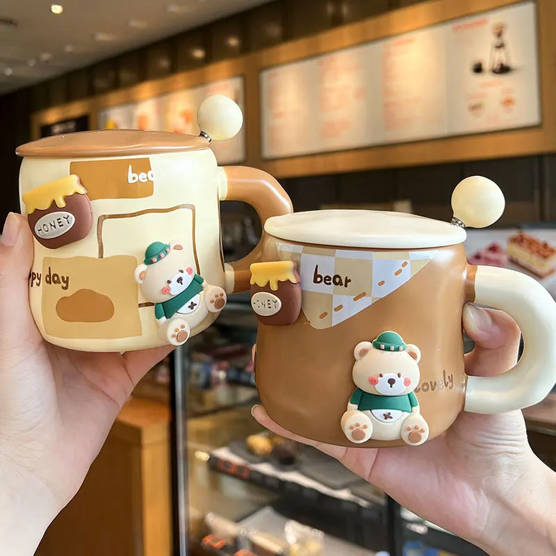 Cute Animal Coffee Mug With Lid And Spoon 420ml Bear Ceramic Breakfast Cups Kwaii Drinking Cup with Handle For Latte Milk