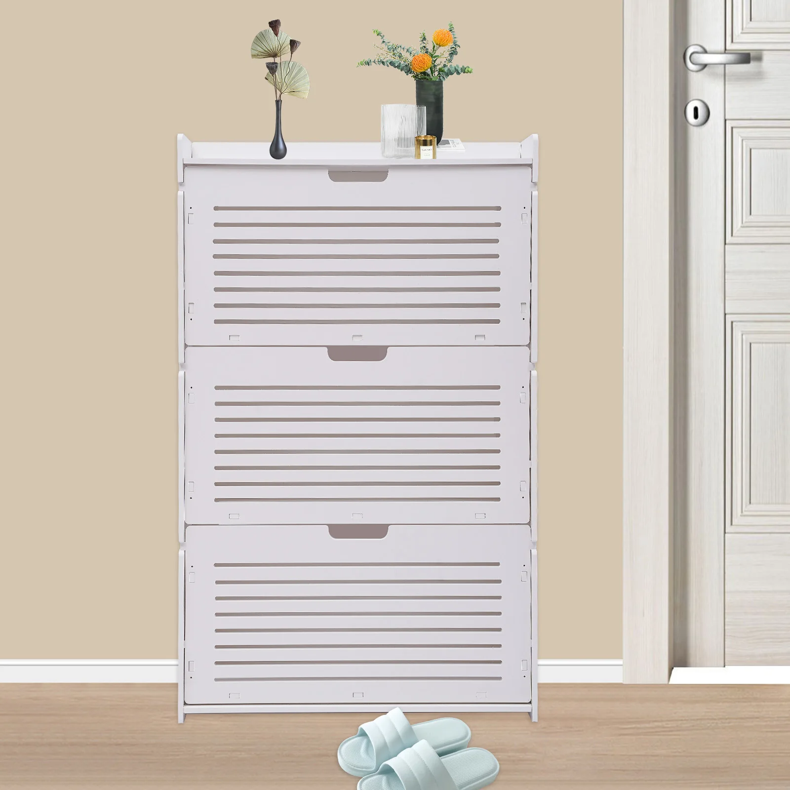 Free Standing Shoe Rack – Shoe Storage Cabinet Entryway Tipping Bucket Shoe Rack 3 Flip Drawers