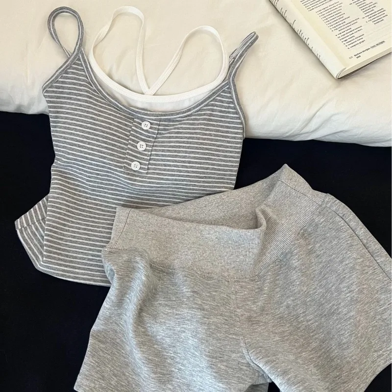 Lazy Minimalist Design Women's Summer Clothes Striped Camisole with Chest Pad Pajama Set, Tank Top and Shorts Loungewear, Thin