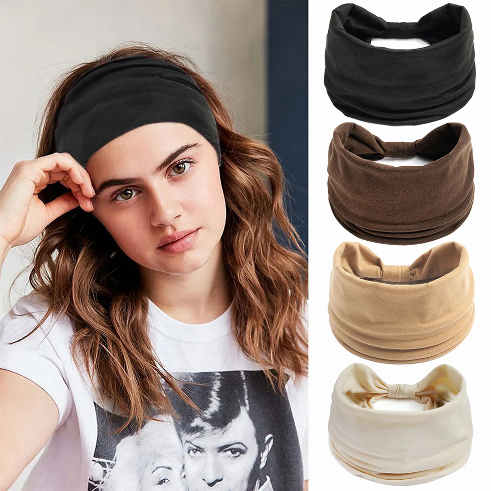 

New Boho Solid Color Wide Headbands Vintage Knot Elastic Turban Headwrap for Women Girls Cotton Soft Bandana Hair Accessories