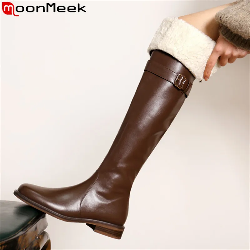 MoonMeek 2023 New Genuine Leather Over The Knee Boots Ladies Zipper Winter Boots Woman Square Med Heels Platform Shoes