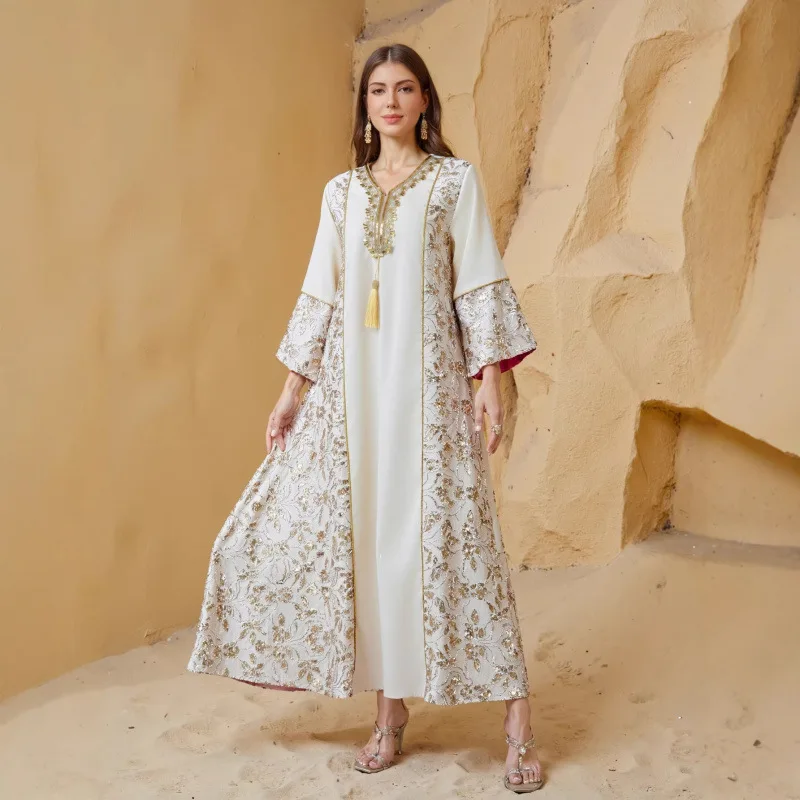

Kl25031 Embroidered Sequin Loose Robe Dress Summer Sequin Beaded Embroidery Gorgeous Long Dress Dubai Luxury Islam Elegant