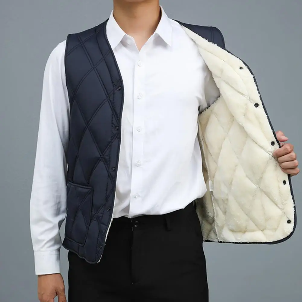 Men V-neck Waistcoat Men's Velvet Quilted V-neck Waistcoat with Plush Lining Single-breasted Winter Vest for Stylish for Warmth