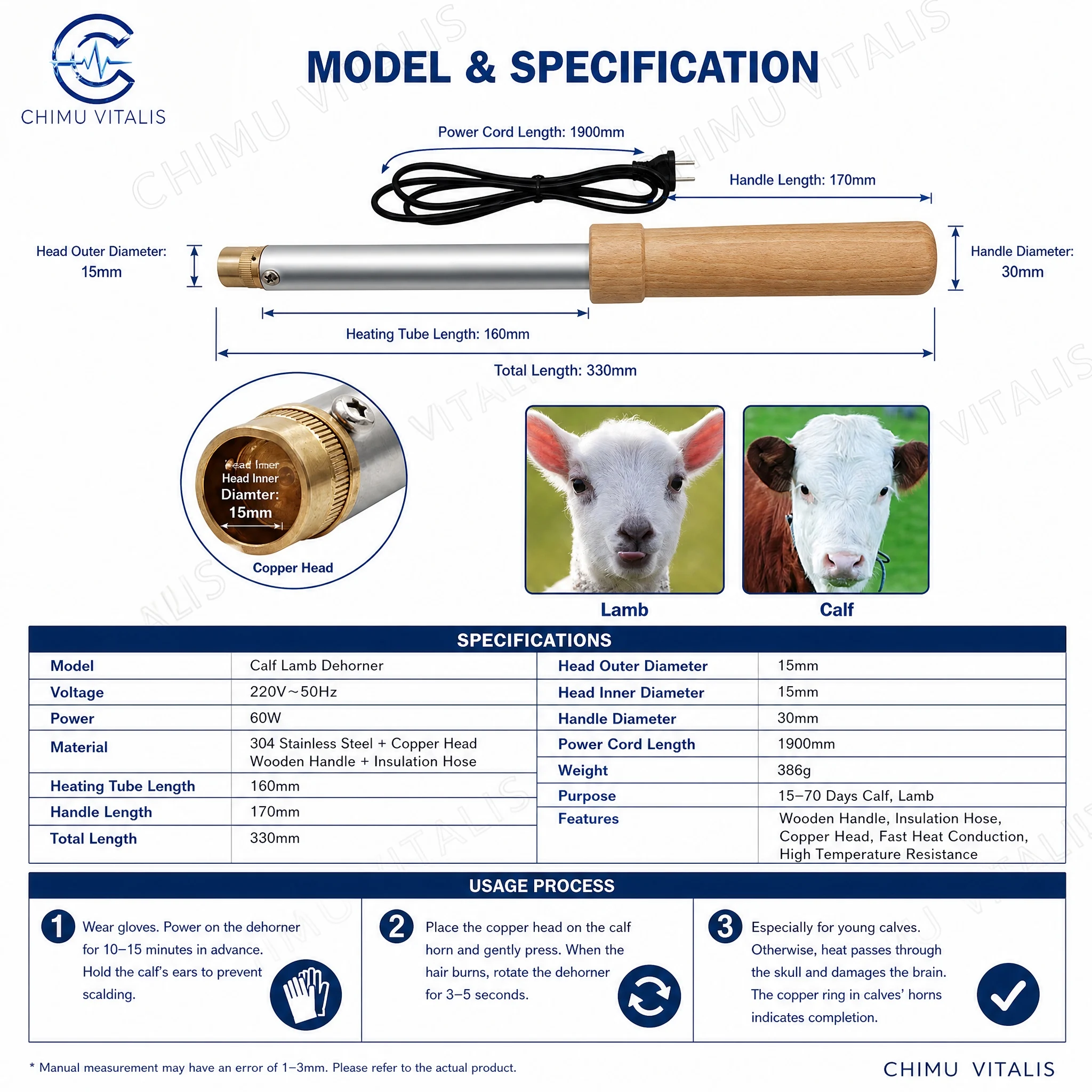 【CHIMU VITALIS】Veterinary Electric Calf Dehorner Rapid Heating Copper Head Livestock Horn Care Tool for Cow Lamb Farm 33cm