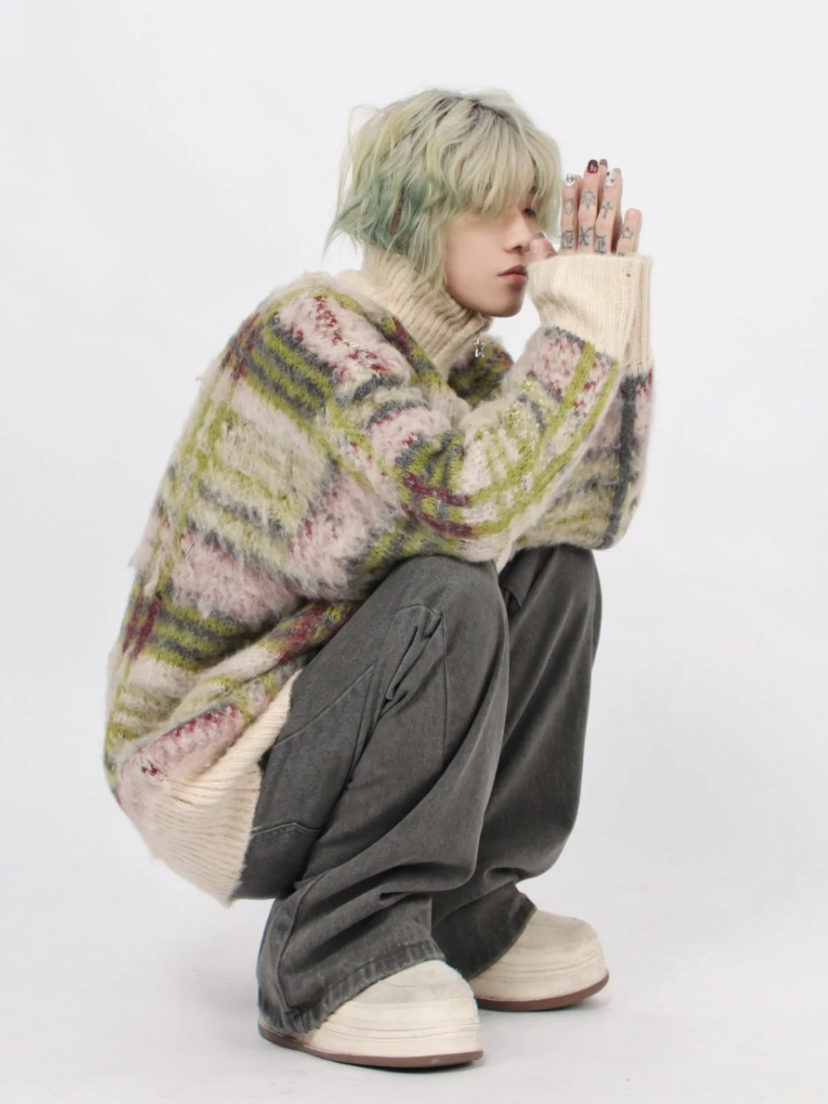 Autumn Winter American Retro Striped Stand Collar Zipper Cardigan Sweater Purple Blue Green Apricot Loose Casual Daily Sweater