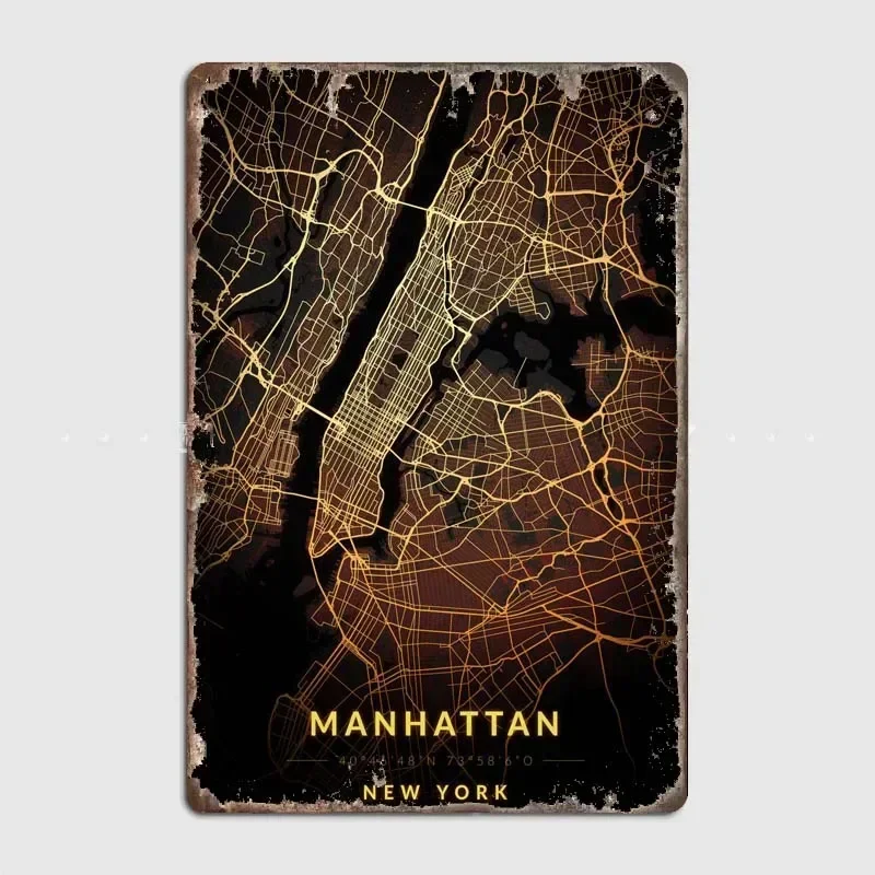 Manhattan  Vintage Style Metal Plaque Sign with Classic Aesthetic Artwork for Wall Decor In Room, Bar, Garage