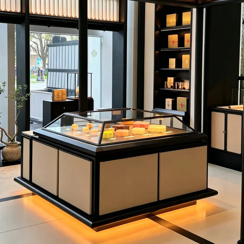 

custom.Custom Luxury Glass Display | Black & Beige Art Deco Style | Integrated LED Lighting, One-Stop Mall Solutions