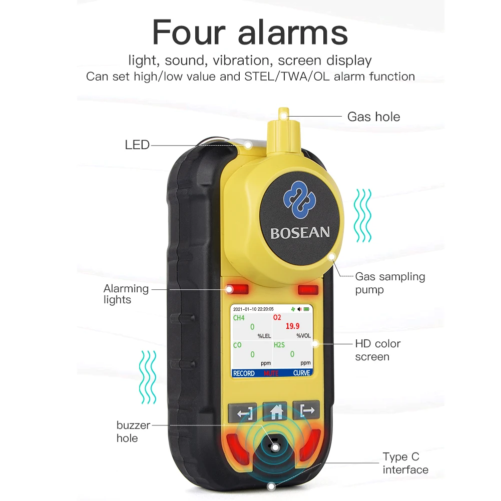 Bosean Pump Multi Gas Detector Gas Meter O2 H2S CO LEL 4 in 1 Oxygen Hydrogen Sulfide Carbon Monoxide Leak Detector