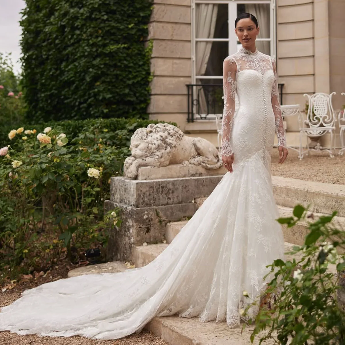 Customized Applique Luxury Mermaid Wedding Dresses Applique Beading Lace Full Tulle Pleat Bridal Gown Vestidos De Noiva