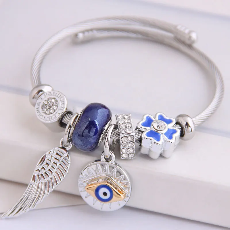 Stainless Steel Lucky Turkish Evil Eye Crystals Bead Bracelet Jewelry Women Cuff Bracelet