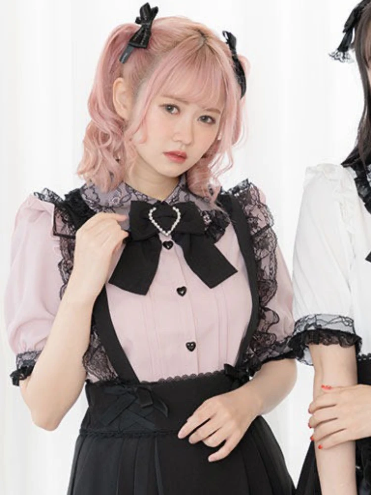 귀여운 스위트 반팔 셔츠 여성 일본 로리타 Y2K 귀여운 스타일 리본 레이스 블라우스 빈티지 우아한 패션 캐주얼 의류 신상품