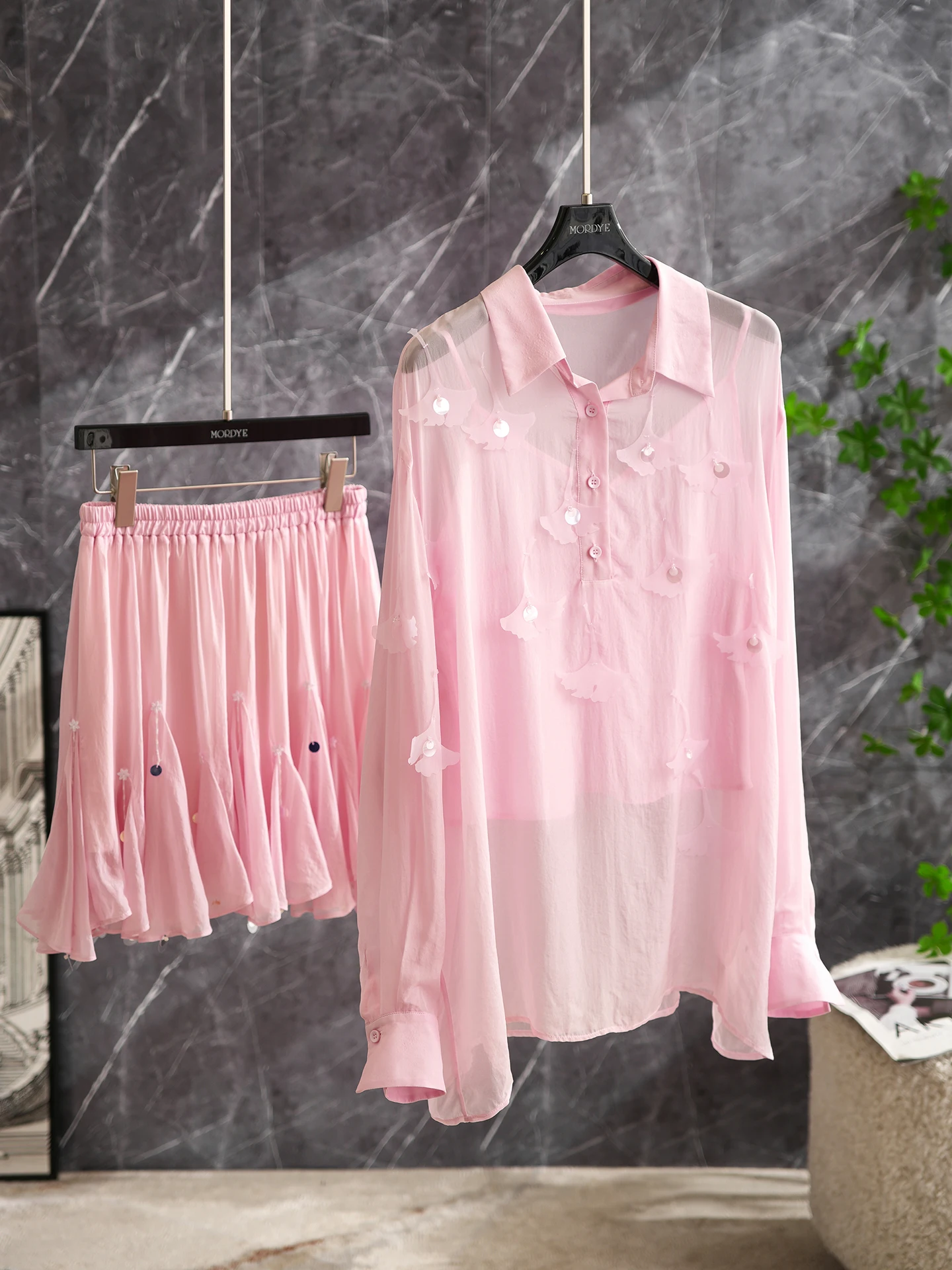 

Sweet Cool Relaxing Pink Chinese Style Set Fashion Shirt Strap Half Skirt Trendy Three Pieces Breathable Lightweight Collar