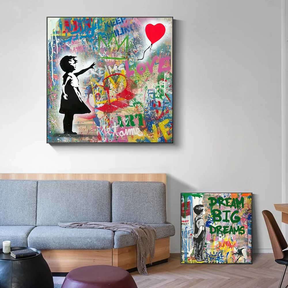 Street Graffiti Boys Girls Love Balloons Big Dreams Wall Art Poster Modern Pop Home Room Decor Canvas Painting Prints Pictures