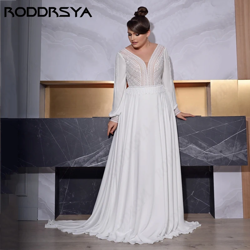 RODDRSYA Long Sleeve Boho Plus Size Wedding Dresses Sexy V-Neck Soft Chiffon A-Line Robe De Mariée Exquisite Lace Sweep Train