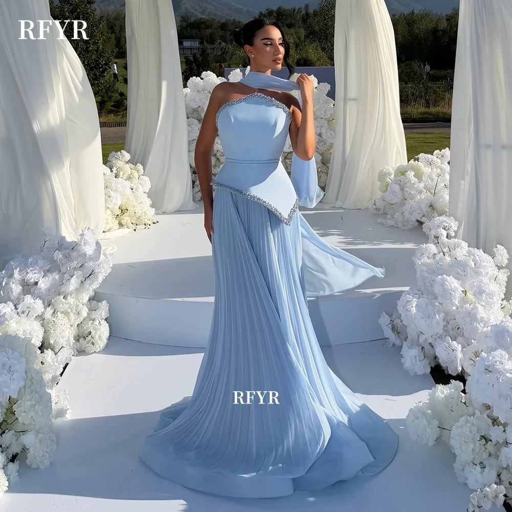 RFYR Blue Prom Dress with Scarf A Line Party Dress with Pleats Beading Evening Dress for Women Celebrity Dress Customized