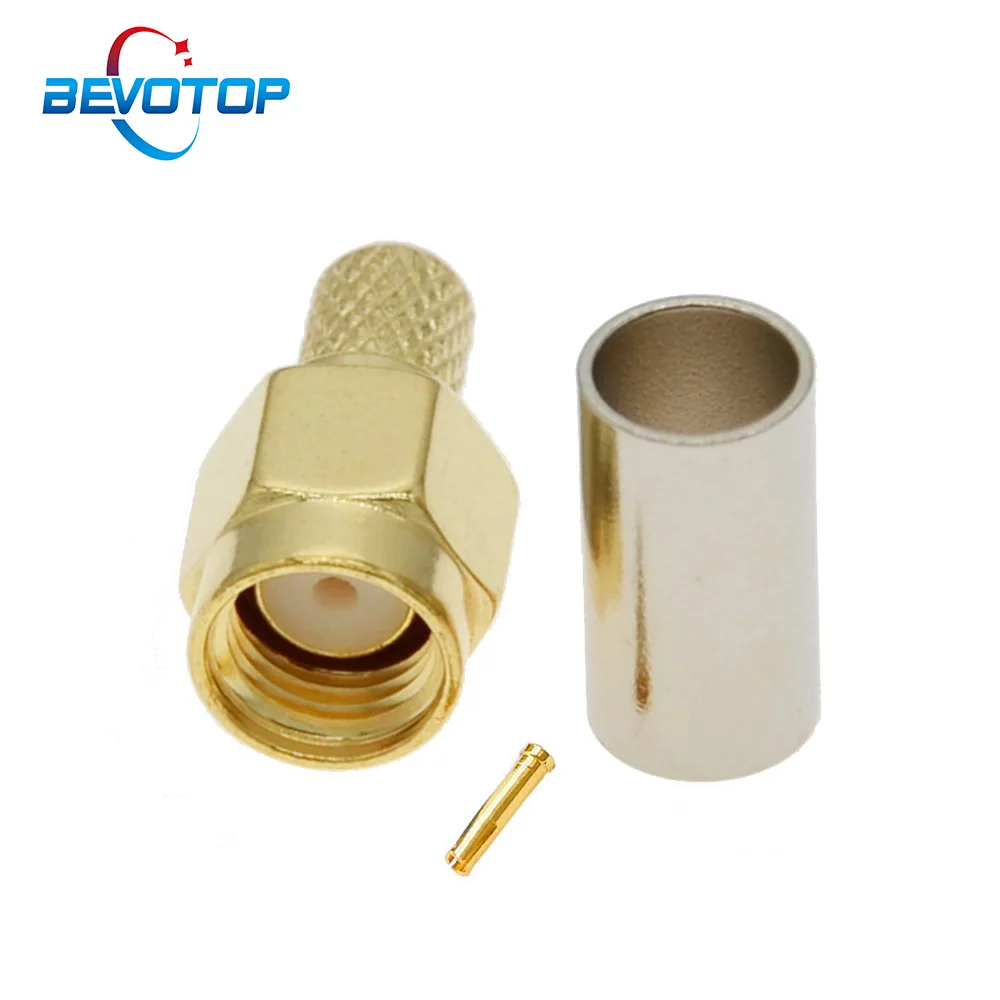 100pcs/lot Gold Plated RP SMA male plug crimp RG58 RG142 LMR195 RG400 cable straight RF Connector BEVOTOP