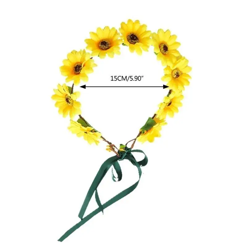 39BD Realistische Sonnenblumen Girlande Stirnband Böhmischen Krone Kopfschmuck Tiaras Haarband Frauen Hochzeit Party – Detail 6