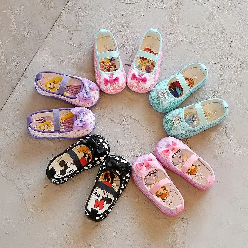 Disney Spring and autumn girl princess bow cartoon canvas shoes kindergarten frozen mickey single casual shoes