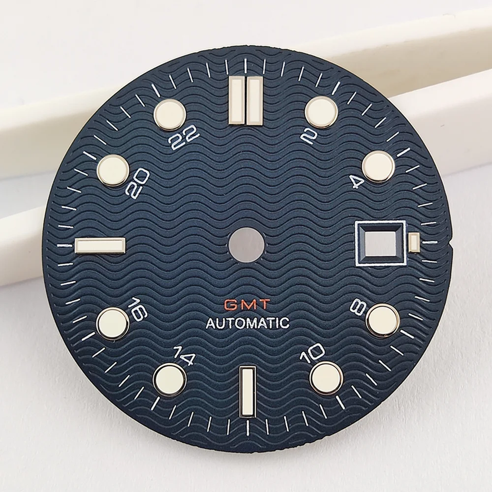 

Циферблат 31 мм с синим волнообразным узором, подходит для механизмов NH35/Miyota 8215/Miyota 8285, запасные части для часов, поддержка индивидуального логотипа.