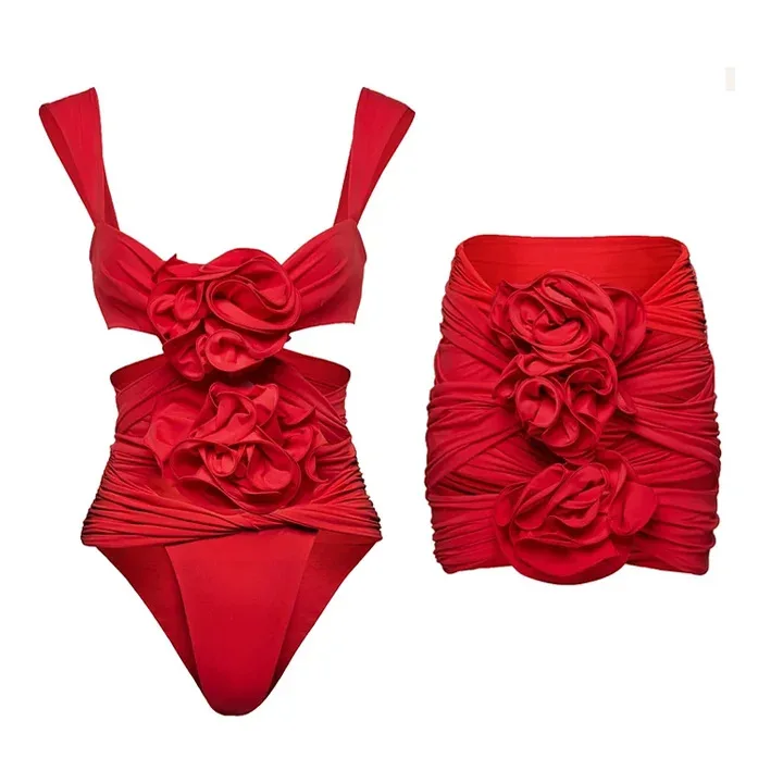 

2024 Swimsuit women three-dimensional flower decoration hollow solid color sexy one-piece swimsuit set