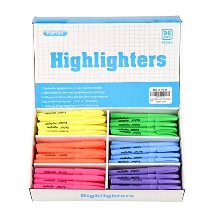 

Highlighters, Chisel Tip, Assorted Fluorescent, 96 Count Bulk Pack