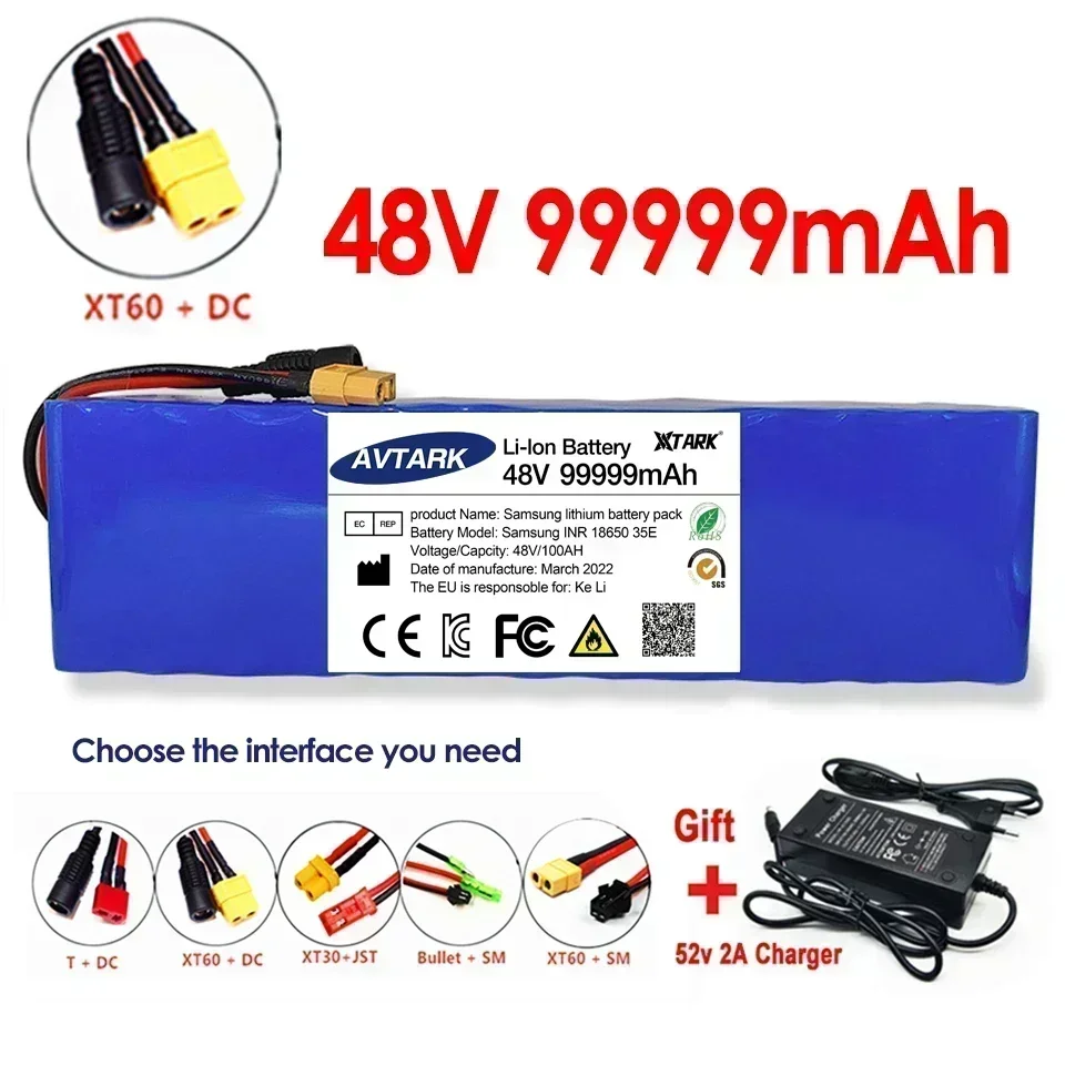 54.6V 스쿠터 전기 자전거용 리튬 이온 배터리, BMS 충전기 포함, 48V, 99999mAh, 1000w, 13S3P, XT60, 101Ah, 신제품