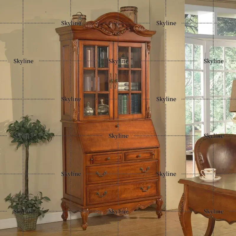 Solid Wood Bookcase Desk Integrated Table European Style Study Bedroom Storage Cabinet Student Home Bookshelf Locker