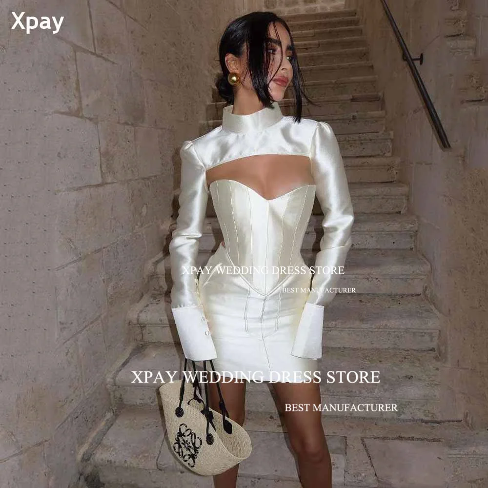 

XPAY Modern Satin Short Wedding Dresses Long Sleeves Sweetheart Arabic Bridal Gowns 2 Pcs Above Knee Length Mini Wedding Gowns