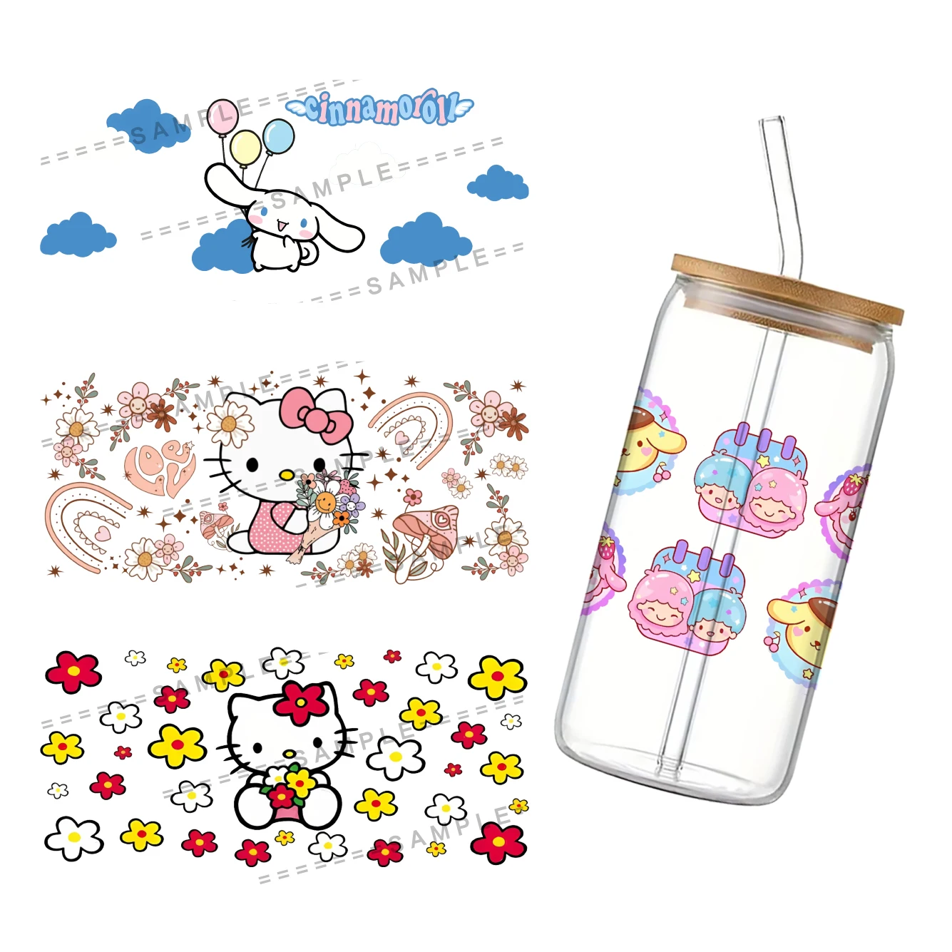 2024 New Sanrio Theme For Libbey 16oz Can Glass 3D Waterproof UV DTF Coffee Can Wrap Libbey Glass Wrap